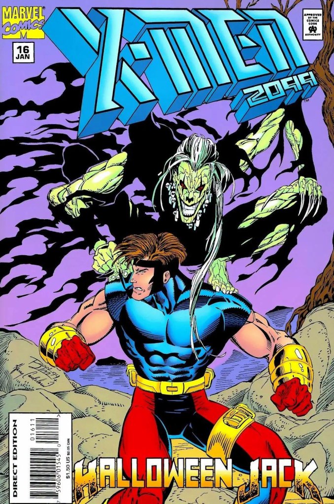 Cover art of X-Men 2099 #16 featuring a character in a blue and red outfit with a serious expression, and a ghostly figure looming menacingly behind. The title 'X-Men 2099' is prominently displayed at the top, with 'Halloween Jack' as the subtitle.