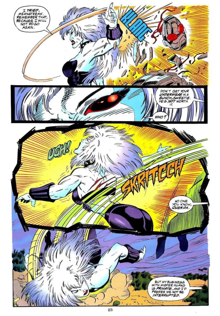 A comic book page featuring a dynamic action scene with a character, a woman with white hair and a dark outfit, fighting and using a whip in a confrontational pose. The dialogue includes playful banter and expressions of defiance.