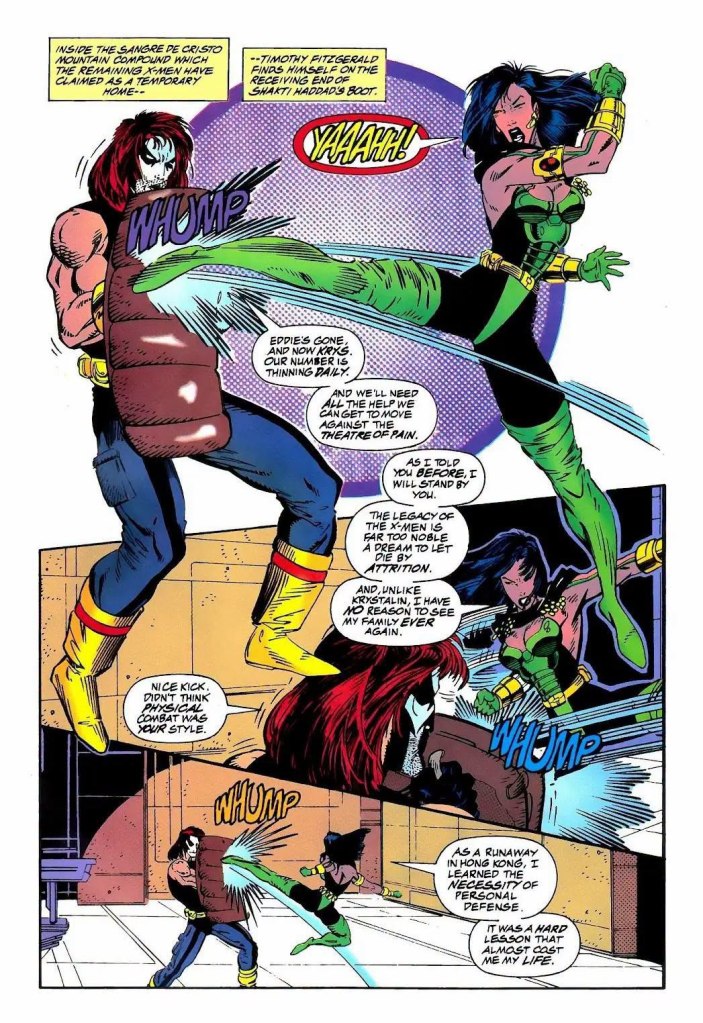 A comic book scene depicting a fight between characters, with dynamic action lines showing impact. One character receives a kick, while another character is poised for a strike. Speech bubbles reveal dialogue about teamwork and combat skills.