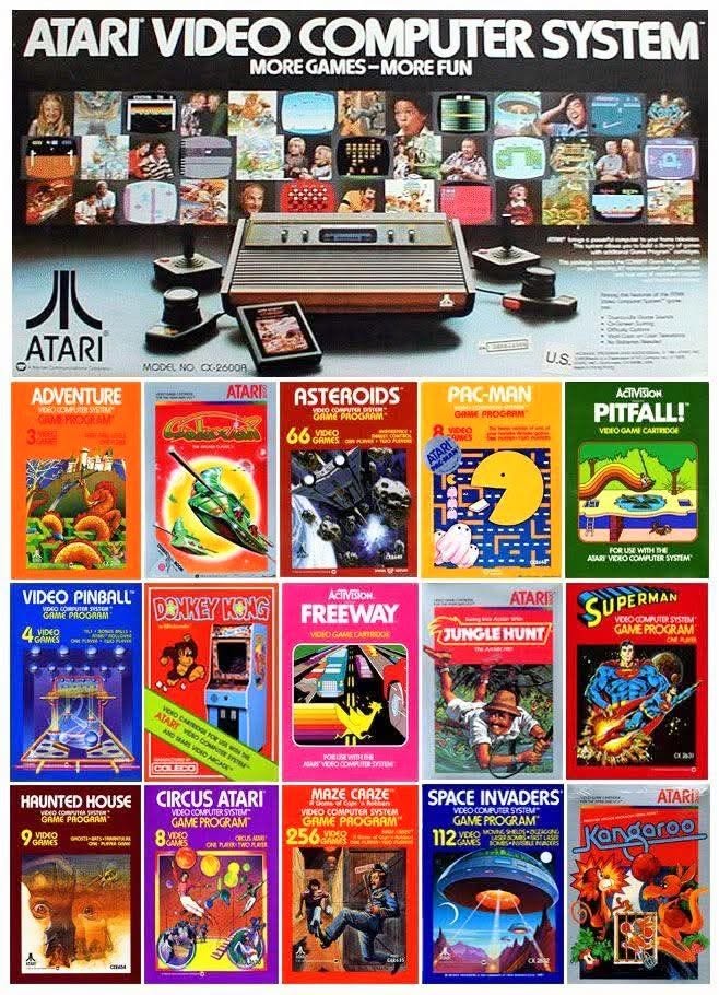 Atari video game console advertisement featuring various game titles and cover art.