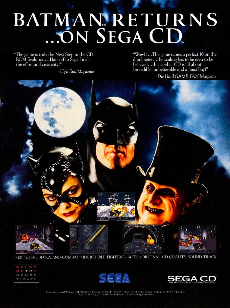Promotional advertisement for 'Batman Returns' on Sega CD, featuring Batman and Catwoman with game screenshots and reviews.