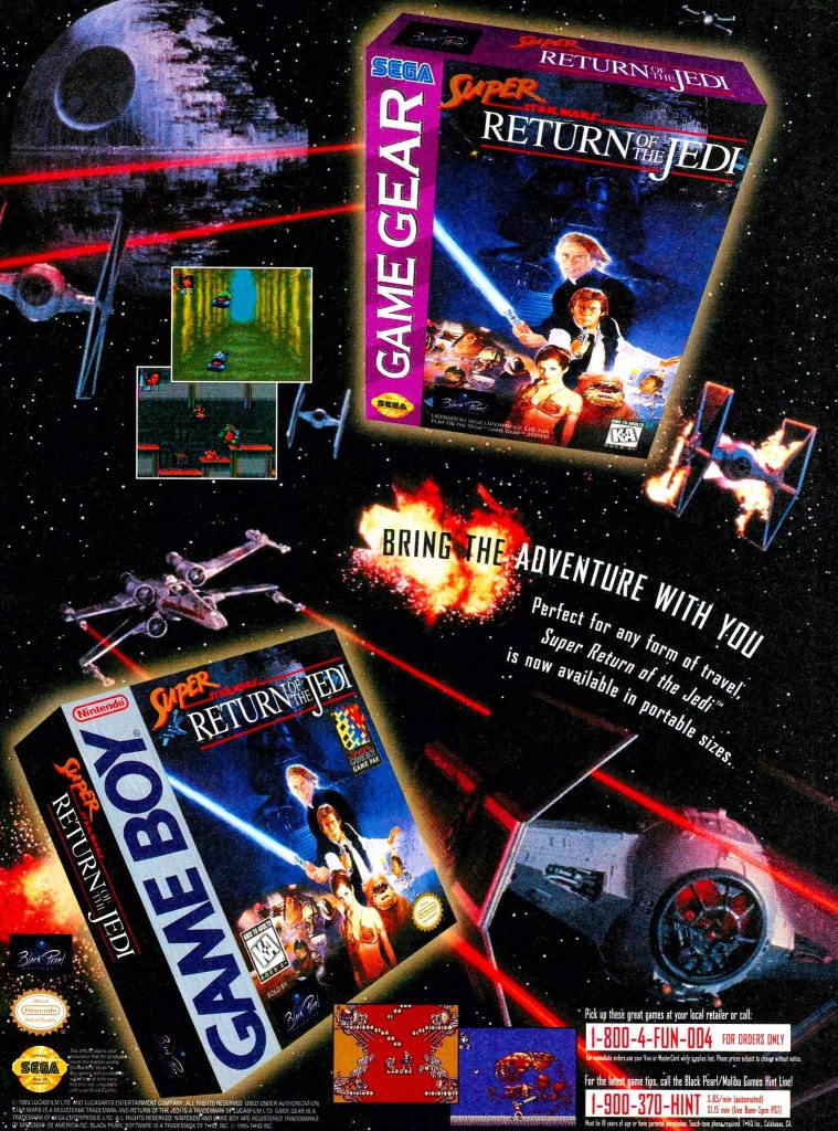 Vintage advertisement for 'Super Return of the Jedi' video game featuring Sega Game Gear and Nintendo Game Boy packaging, with space-themed background and game screenshots.