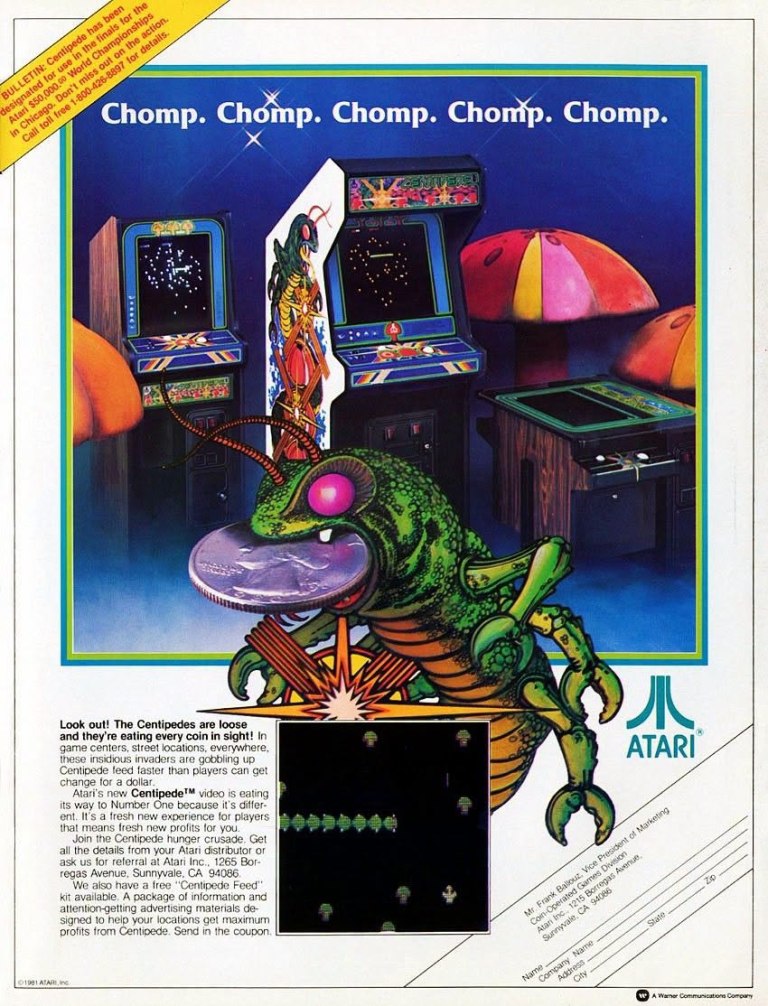 Promotional poster for Atari's Centipede video game featuring colorful artwork of a centipede character and arcade game machines in the background.