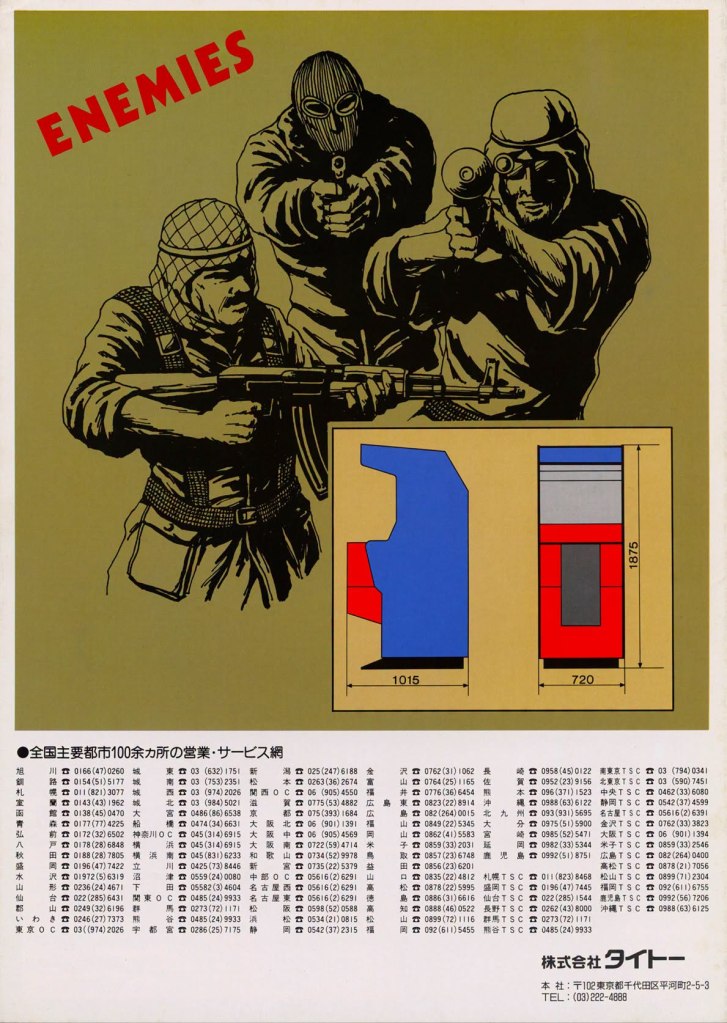 Illustration of two masked figures holding firearms against a plain background, with the word 'ENEMIES' displayed prominently at the top. Below, there are technical drawings and measurements of objects in blue and red colors.