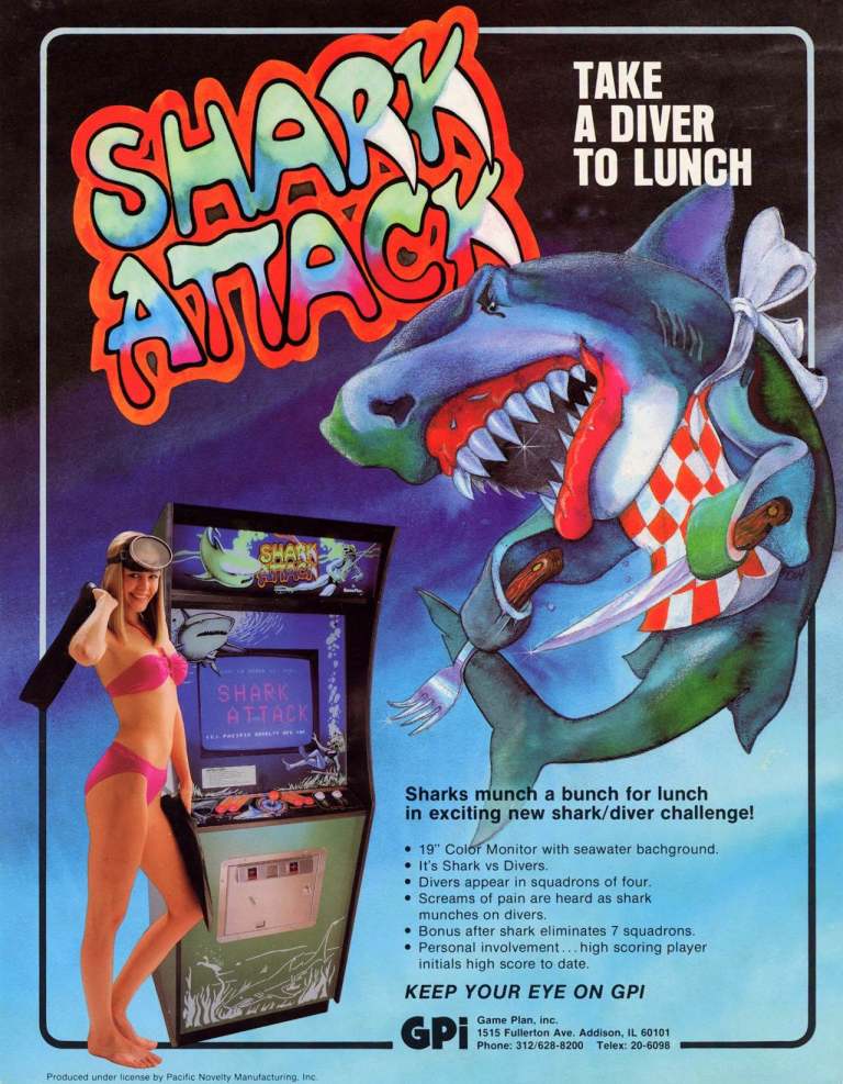 An advertisement for the arcade game 'Shark Attack', featuring a cartoon shark and a woman in swim gear, promoting gameplay where players experience a shark diver challenge.