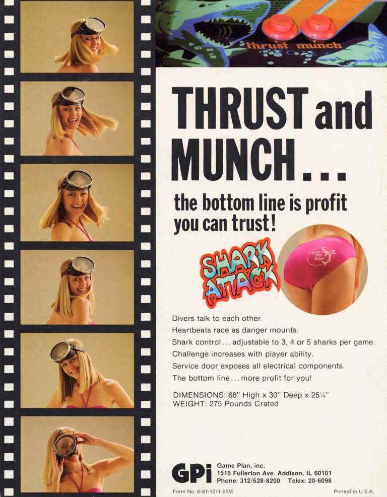 Promotional image for an arcade game called 'Thrust and Munch' featuring a woman wearing a diver's mask, smiling. The background includes text highlighting game features like shark control and dimensions.