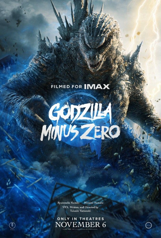 Promotional poster for 'Godzilla Minus Zero' featuring Godzilla amidst a stormy backdrop with lightning, announcing it is filmed for IMAX and releasing on November 6.