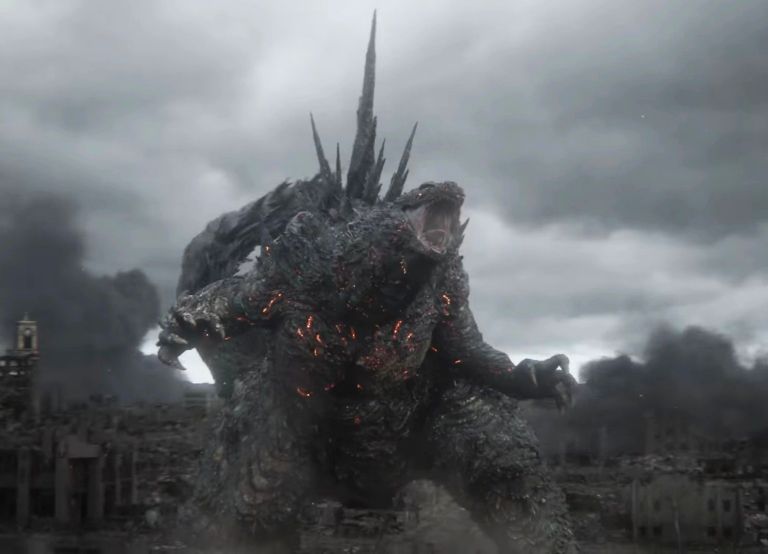 A large, monstrous creature with scales and spines stands amidst a devastated cityscape, roaring against a backdrop of dark, stormy clouds.