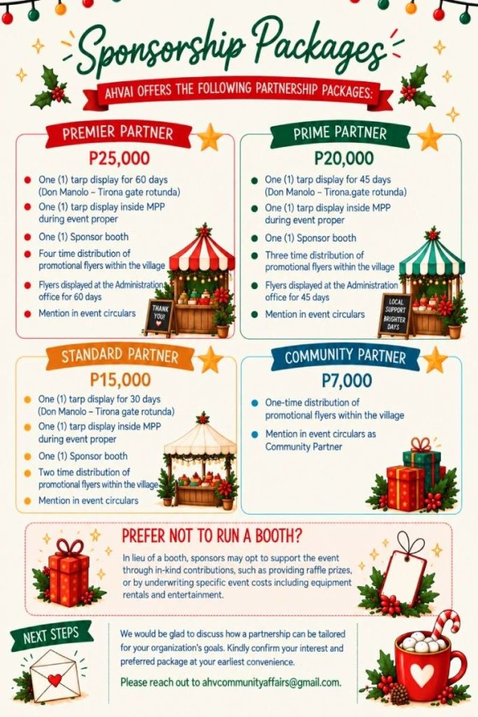 Colorful graphic detailing sponsorship packages for an event, including Premier, Prime, Standard, and Community Partner options with associated costs and benefits. Features illustrations of festive booths and decorations.