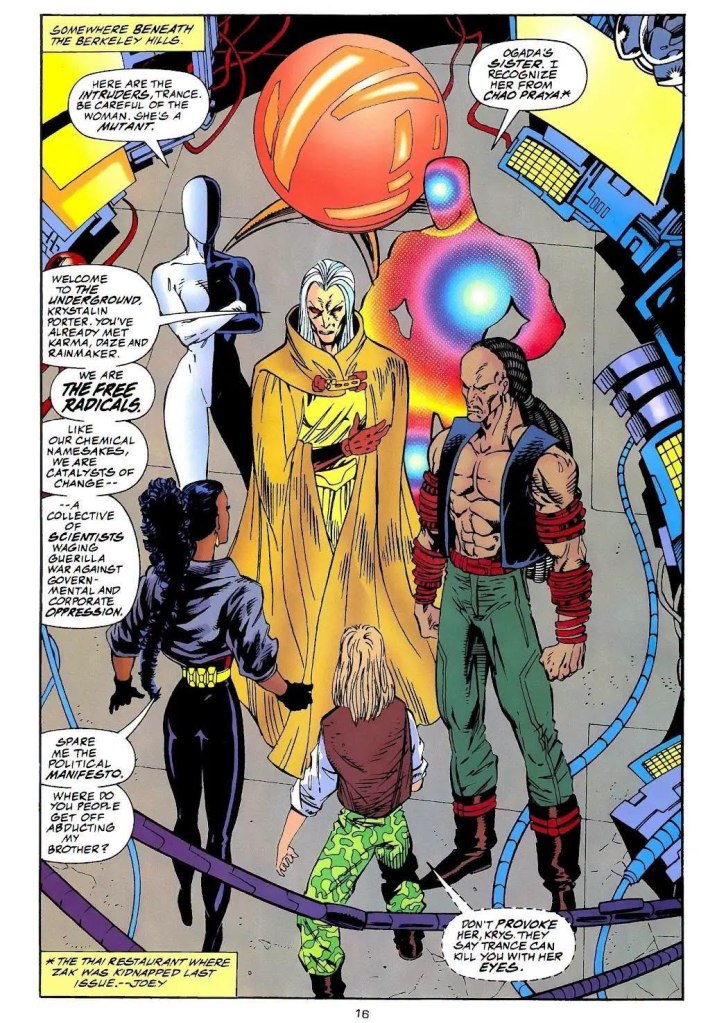 A group of diverse, stylized characters in a comic book setting, gathered in a futuristic underground location. The central figure, wearing a yellow robe and holding a glowing orb, is flanked by various characters with unique features, including a woman in black, a man with a muscular build, and a child with colorful attire, all engaged in a discussion.