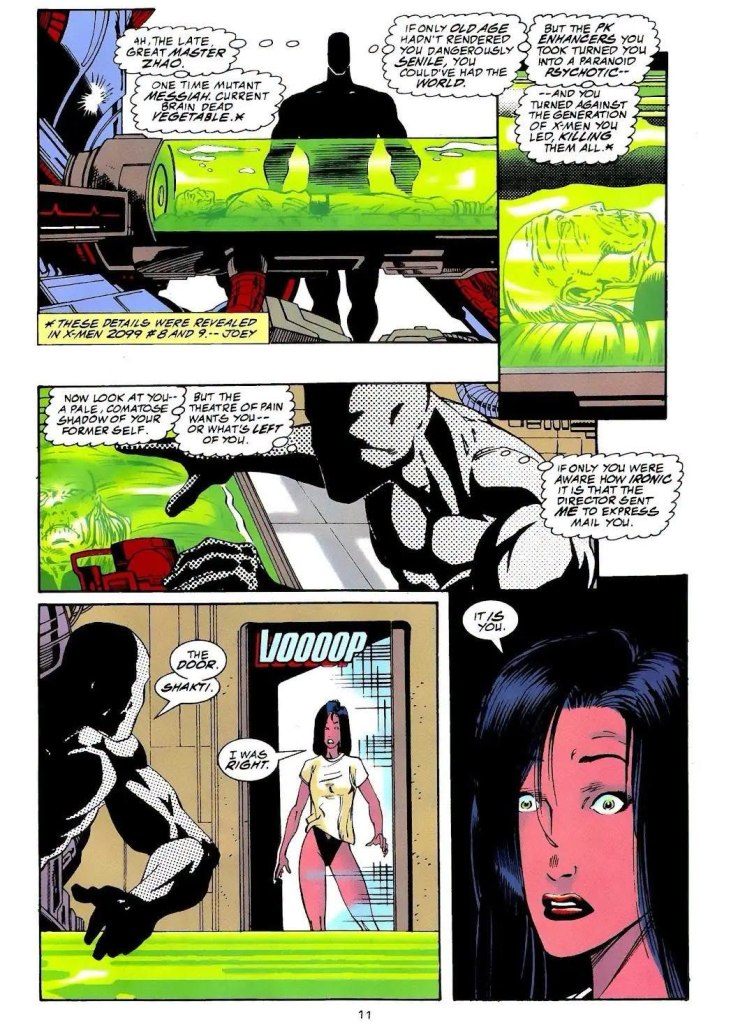A comic book panel featuring a dialogue between two characters. One character, a shadowy figure in a black suit, speaks to another character, a woman with long dark hair, wearing a yellow top and black shorts. A glowing green container is present in the background, indicating a sci-fi setting.