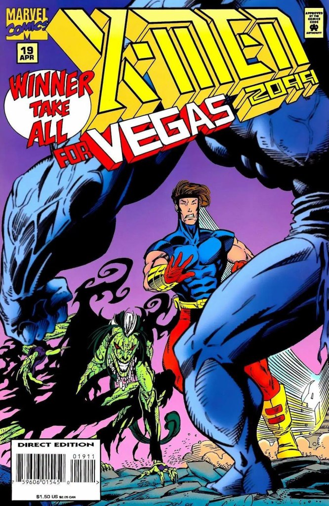 Cover of Marvel's X-Men comic issue 19 from April 2055, featuring bold yellow and red title text, 'Winner Take All for Vegas', and characters including a muscular hero and a villain with a green appearance, surrounded by dark, swirling elements.