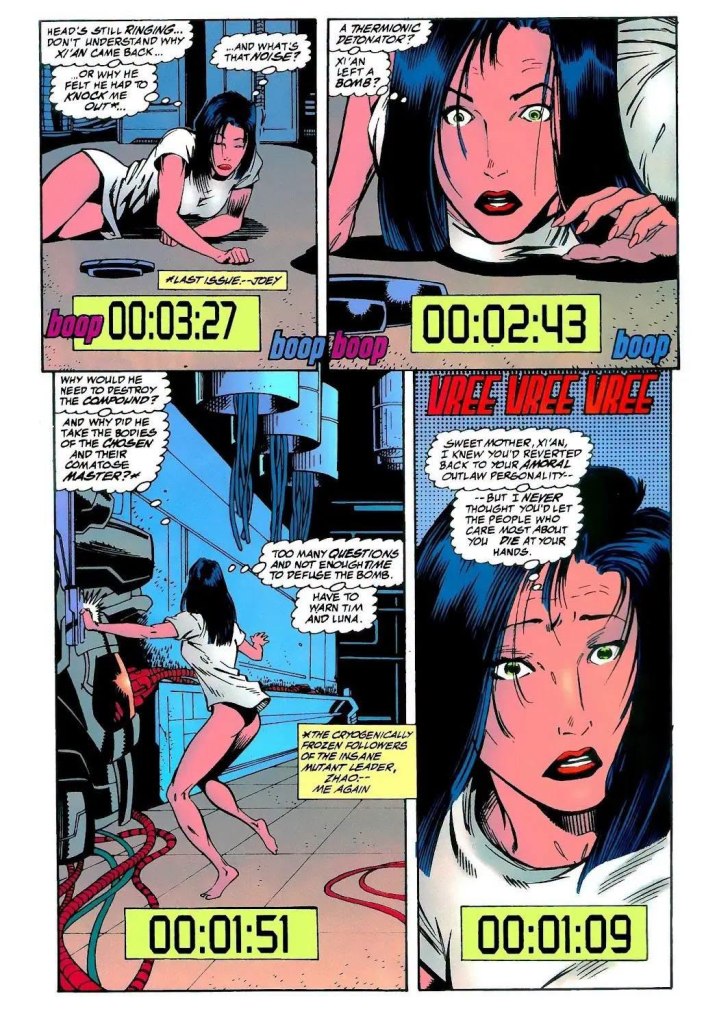 A comic book page featuring a distressed woman in a white outfit, looking alarmed as she interacts with a control panel, with countdown clocks and dialogue about a bomb and urgent questions.