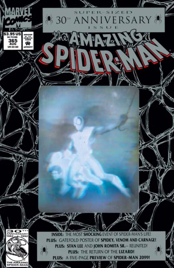 Cover of The Amazing Spider-Man comic book, issue 365, featuring a ghostly image and spider web design, celebrating the 30th anniversary of the series.