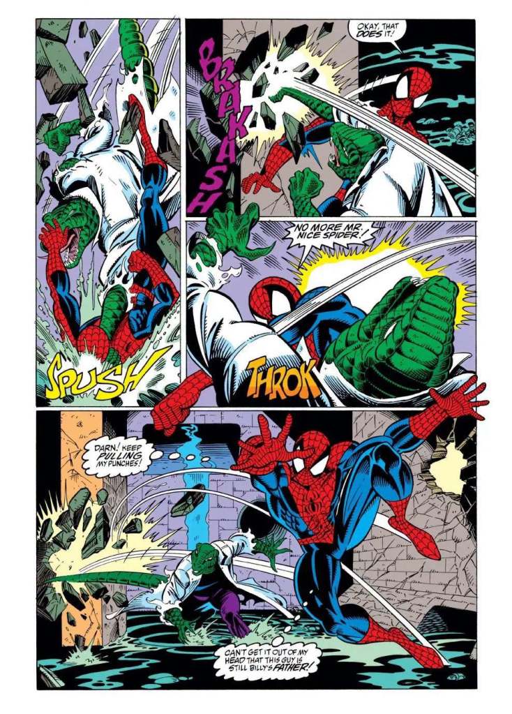A comic book panel featuring Spider-Man fighting a green-skinned villain, with action words like 'SPUSH' and 'THROK' illustrated around them. Spider-Man is depicted in a dynamic pose as he attacks the villain, who is wearing a white coat and green pants, surrounded by debris.