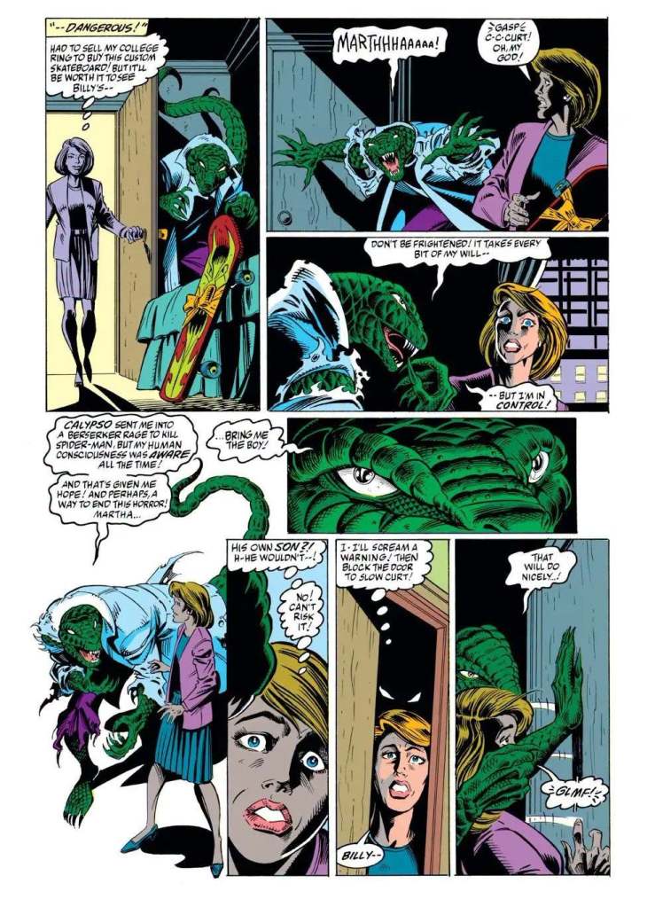 A comic book page depicting a tense scene with a humanoid creature with green scales and claws confronting two women. One woman appears frightened while the other is trying to remain calm. Dialogue bubbles convey urgency and fear as the creature discusses control and a boy named Billy.