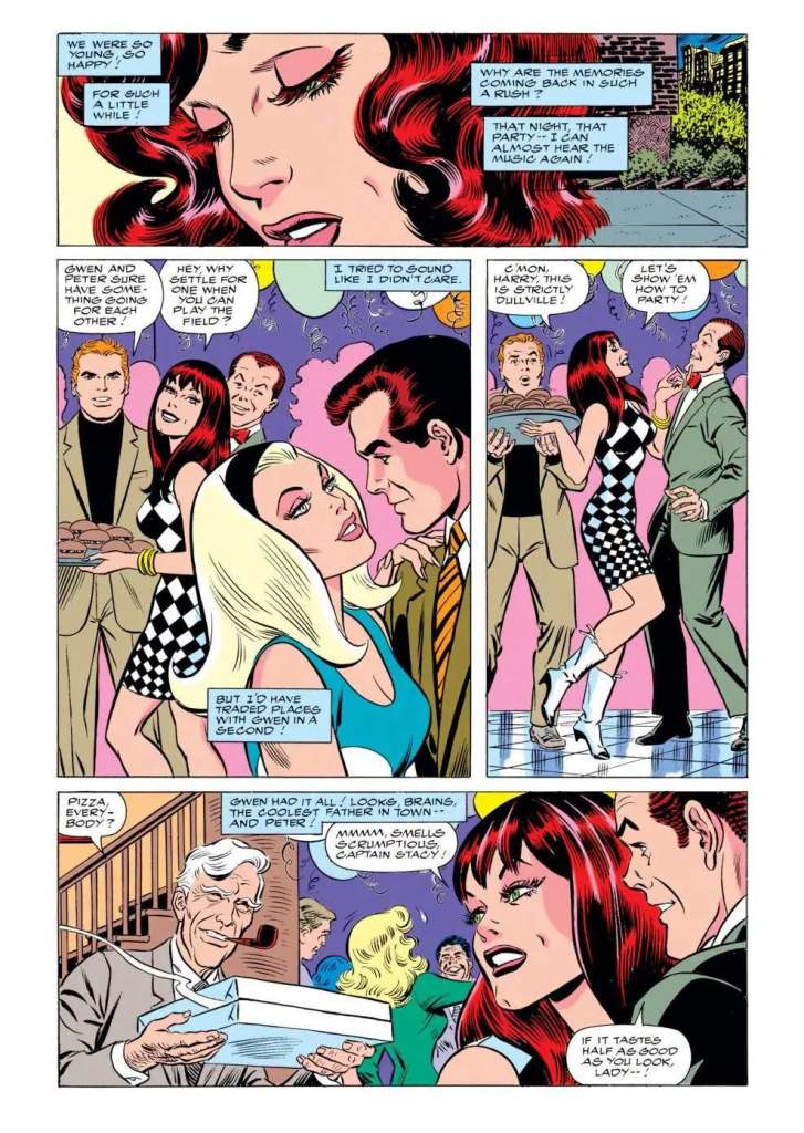 A comic book page showcasing several characters engaging in conversation at a party. The scene includes characters with distinct hairstyles and outfits, expressing emotions and interactions amidst a festive backdrop.