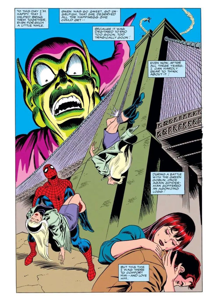 Comic book panel featuring Spider-Man carrying two women, one with blonde hair and the other with red hair, while a giant Green Goblin head looms in the background. The scene captures a moment of tension and emotion with speech bubbles conveying inner thoughts.