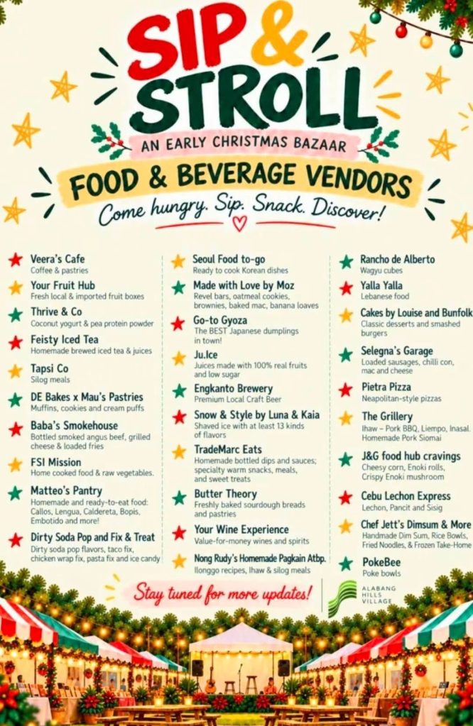A colorful flyer for 'Sip & Stroll', an early Christmas bazaar featuring various food and beverage vendors, with a festive design and a list of vendor names and offerings.