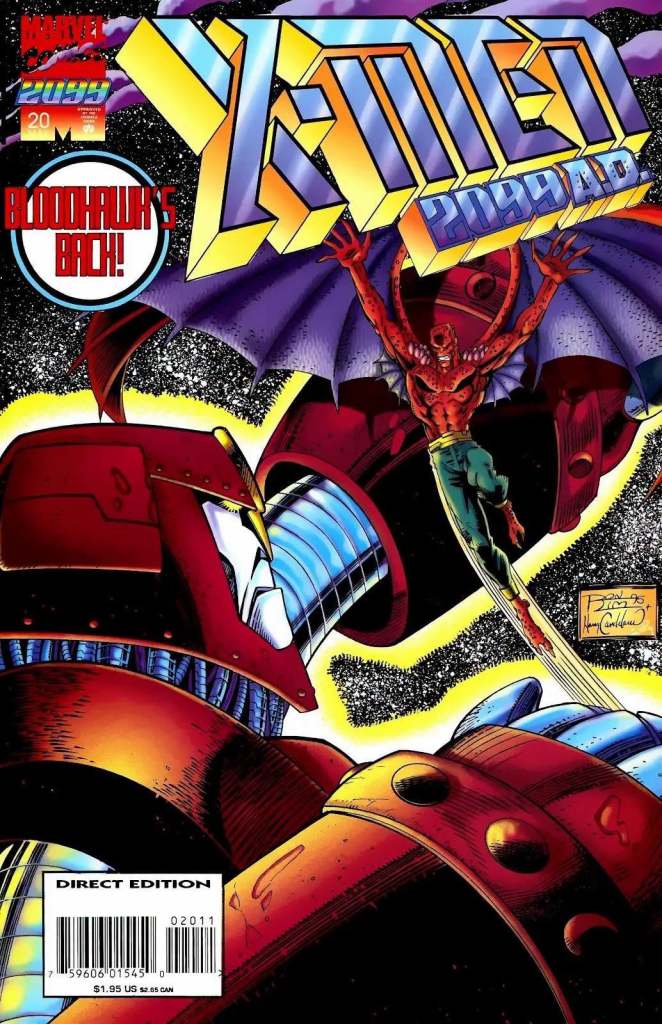 Cover of X-Men 2099 comic book featuring Bloodhawk battling a robotic character, with bold, colorful title text.
