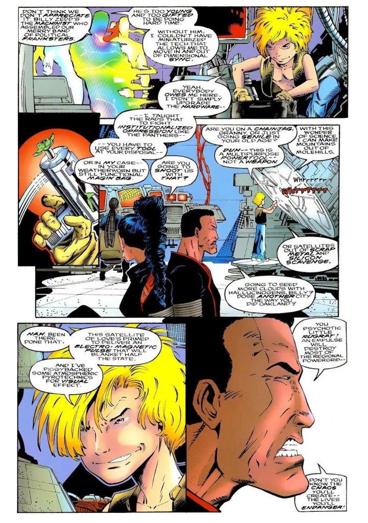 A comic book page featuring colorful illustrations of characters engaged in dialogue. One character is working with futuristic technology while two others listen. The setting appears to be a high-tech environment. The conversation includes themes of hardware and technology, with emphasis on weapons and satellite systems.