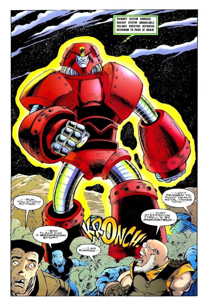 A giant red robot stands menacingly on a rocky landscape, with two frightened humans in the foreground reacting in panic. The robot's systems are malfunctioning, indicated by a message about damage and a return directive. The scene is drawn in a comic book style with bold colors and dynamic expression.