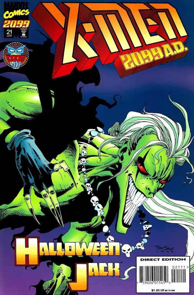 Cover of X-Men 2099 AD comic book featuring the character Halloween Jack, depicted with green skin, long white hair, and wearing a skull necklace.
