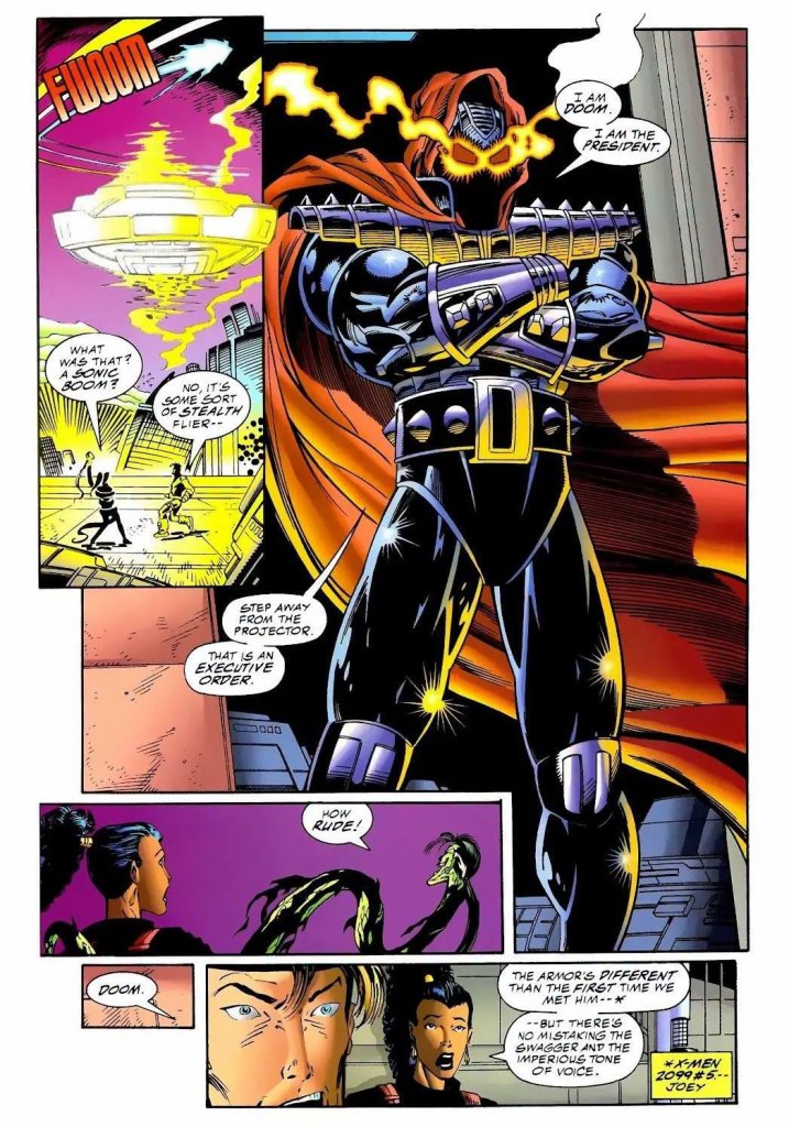A comic book scene featuring a character named Doom, wearing an armored suit and a dramatic cape, standing confidently with arms crossed. The background shows a futuristic setting with a hovering spacecraft and two startled characters observing. Dialogue bubbles express surprise and commentary on Doom's demeanor and armor.
