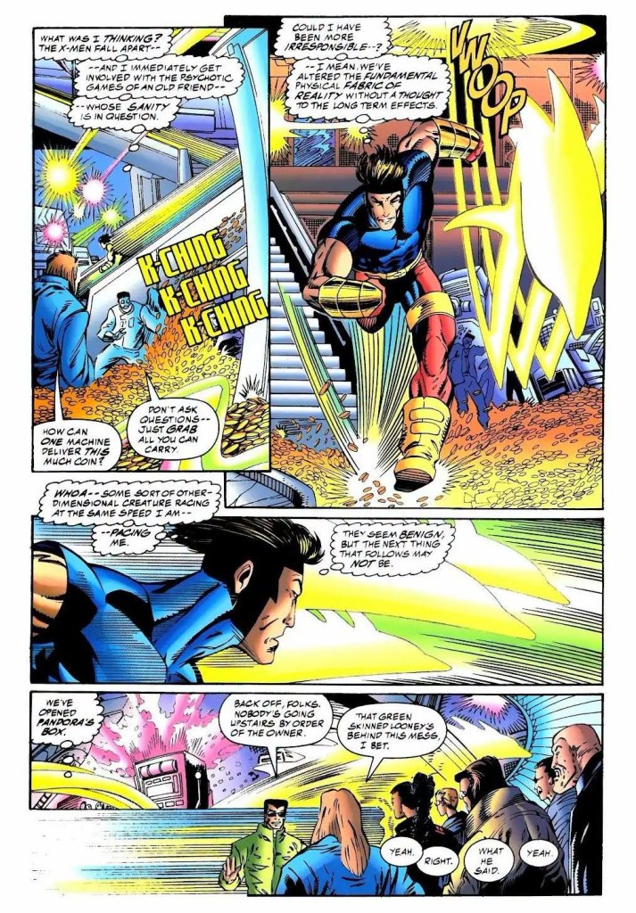A comic book panel featuring a character with brown hair and a blue costume discussing the consequences of altering reality, surrounded by other characters who appear concerned. The scene includes dynamic action effects and colorful visual elements like coins and light bursts.