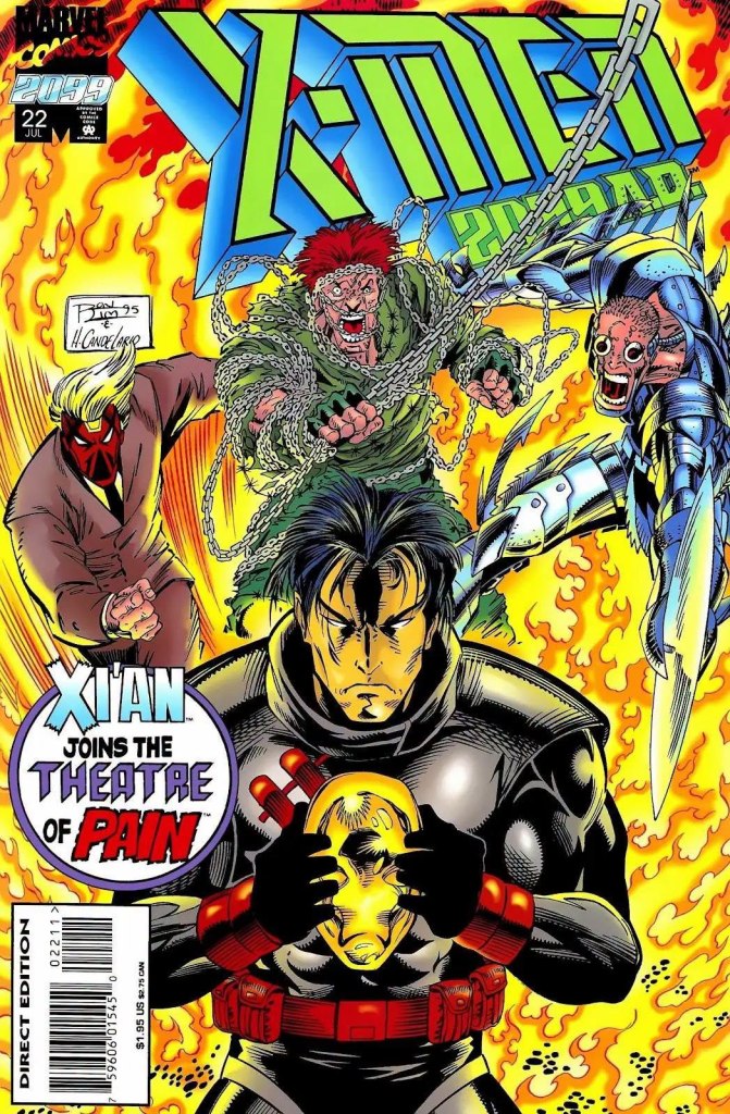 Comic book cover featuring the title 'X-Men 2099' with the subtitle 'Xi'an Joins the Theatre of Pain'. The central character holds a skull-like object, surrounded by fiery background and several other characters engaged in action.