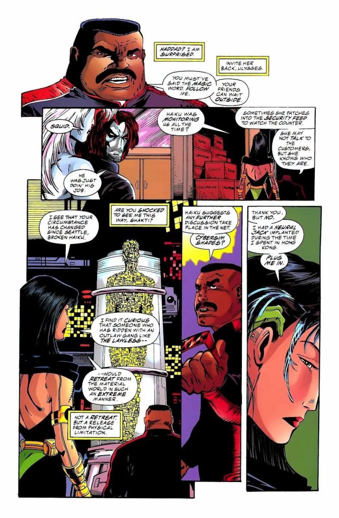 A comic book panel featuring four characters engaged in conversation, with a focus on a muscular man speaking and a woman with cybernetic features listening intently. The background includes a futuristic environment with technology and containers.