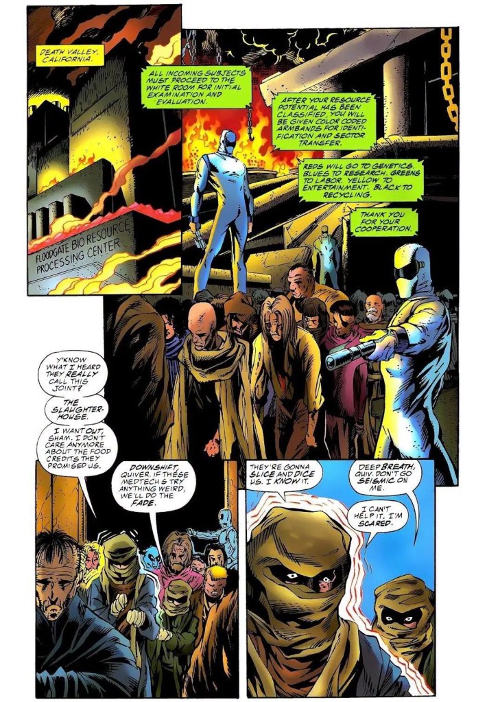 A scene set in a post-apocalyptic environment, showcasing a group of anxious individuals waiting in line at a facility called Floodgate Bio Resource Processing Center, surrounded by ominous flames and armed figures.