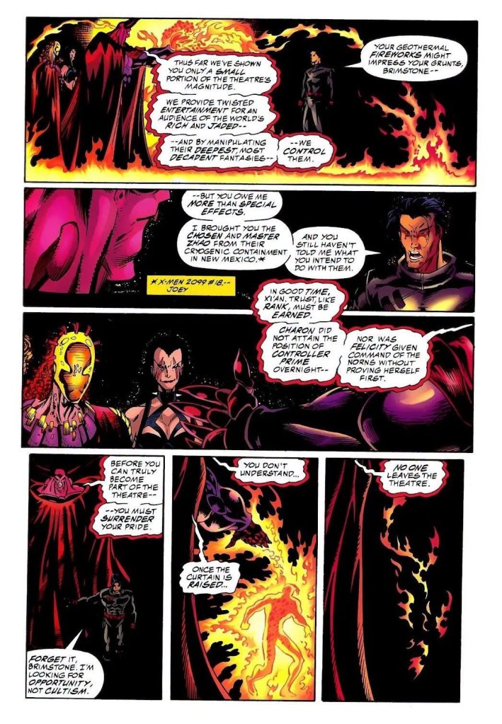 A comic book page featuring characters in a dramatic conversation about control, manipulation, and ambition, with fiery elements and colorful illustrations.
