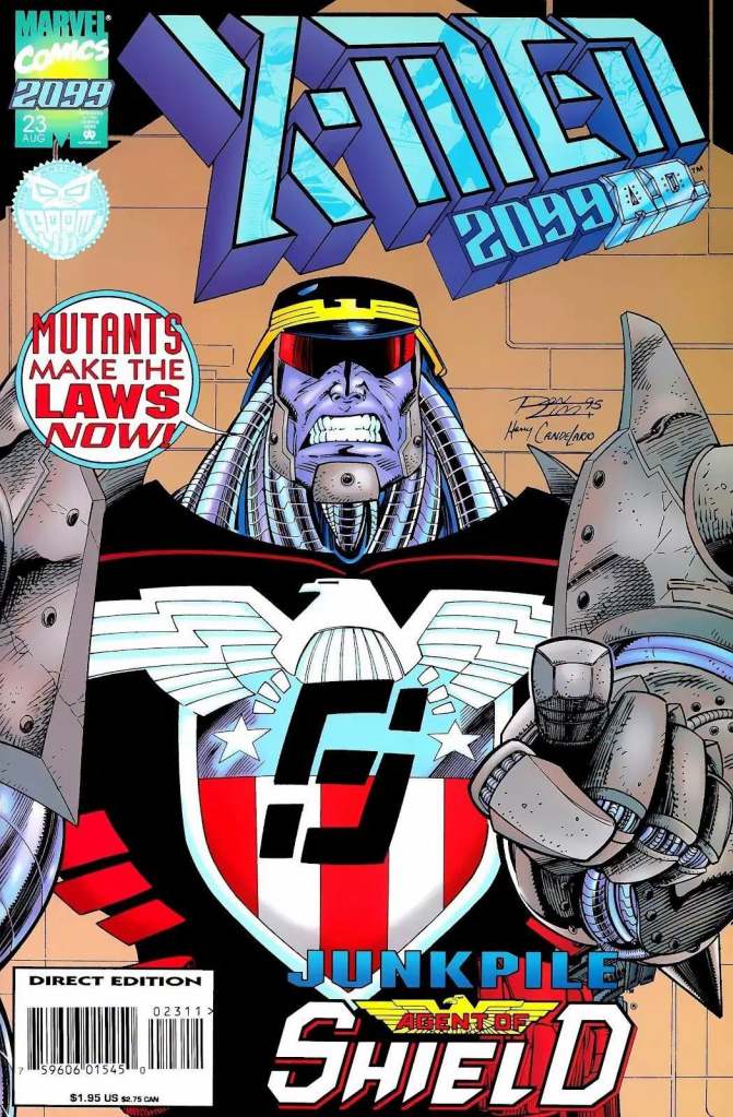 Cover of 'X-Men 2099' comic issue featuring a character named Junk Pile, wearing a military-style helmet and armor, with a prominent shield design in the background, displaying the text 'MUTANTS MAKE THE LAWS NOW' and 'AGENT OF SHIELD.'
