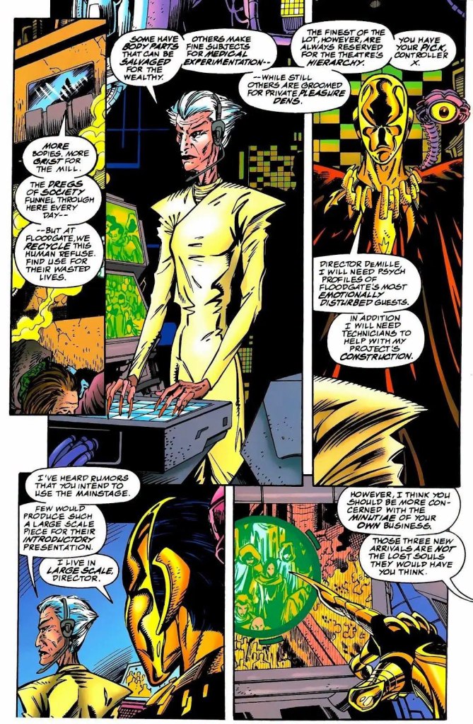 A panel from a comic book featuring two characters discussing the use of bodies for various purposes, including medical experimentation and entertainment, with a futuristic backdrop of machinery and monitors.