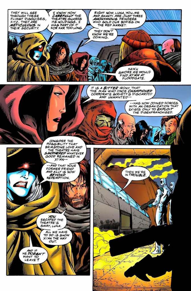 A scene from a graphic novel featuring a group of characters in hooded cloaks discussing a dangerous situation. They express concern about their security and the fate of a character named Xian.