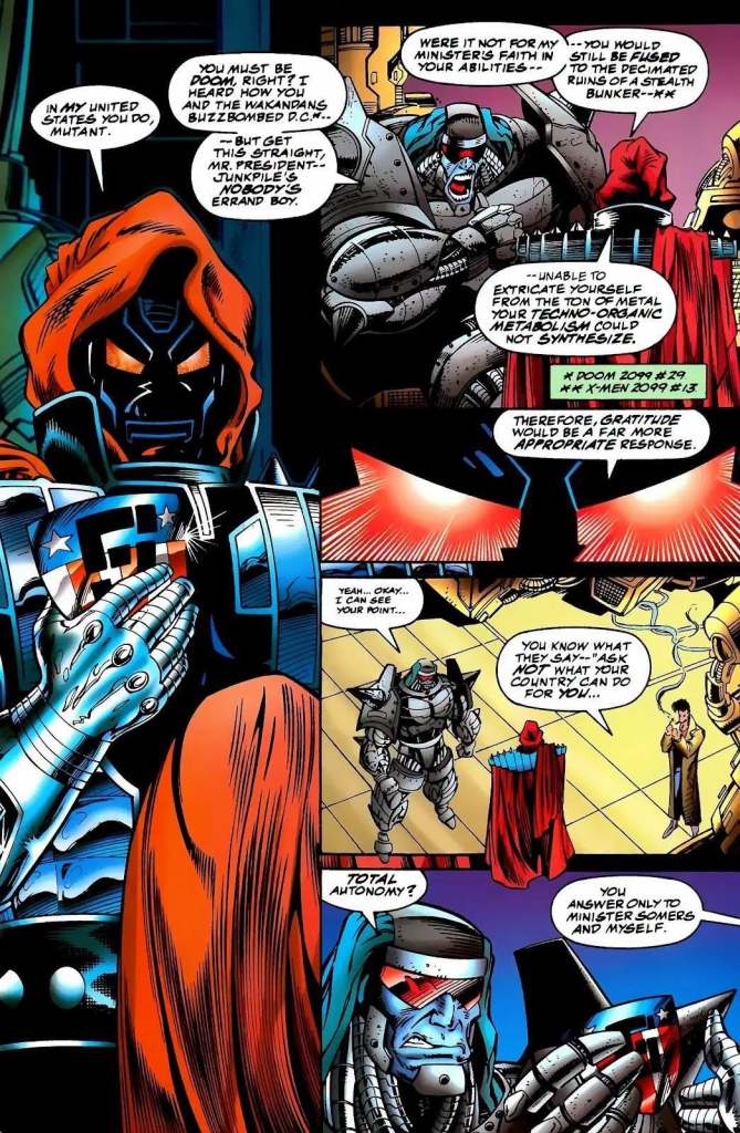 A comic book scene featuring two armored characters engaged in conversation. One character, wearing a hooded red cloak and a metallic suit adorned with stars, stands confidently while the other character, a large robotic figure, looms over him. The background depicts a high-tech environment, with panels and machinery visible.