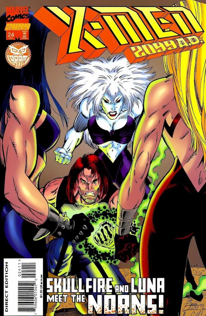 X-Men 2099 comic book cover featuring characters Skullfire and Luna facing the Norns, with action-oriented poses and vibrant colors.