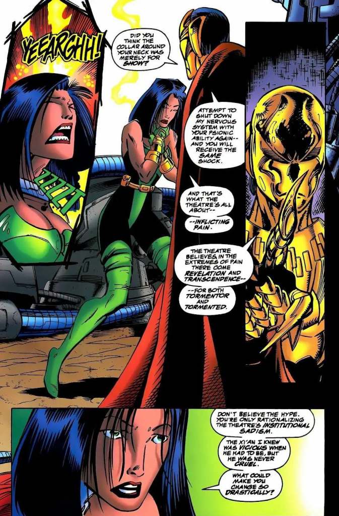A dramatic comic book scene depicting a confrontation between two characters. One character, wearing a green outfit, appears distressed and is gripping her arms while shouting. The other character, in a golden outfit with a menacing expression, is explaining the concept of pain in a theatrical context. Their surroundings include futuristic elements and machinery.