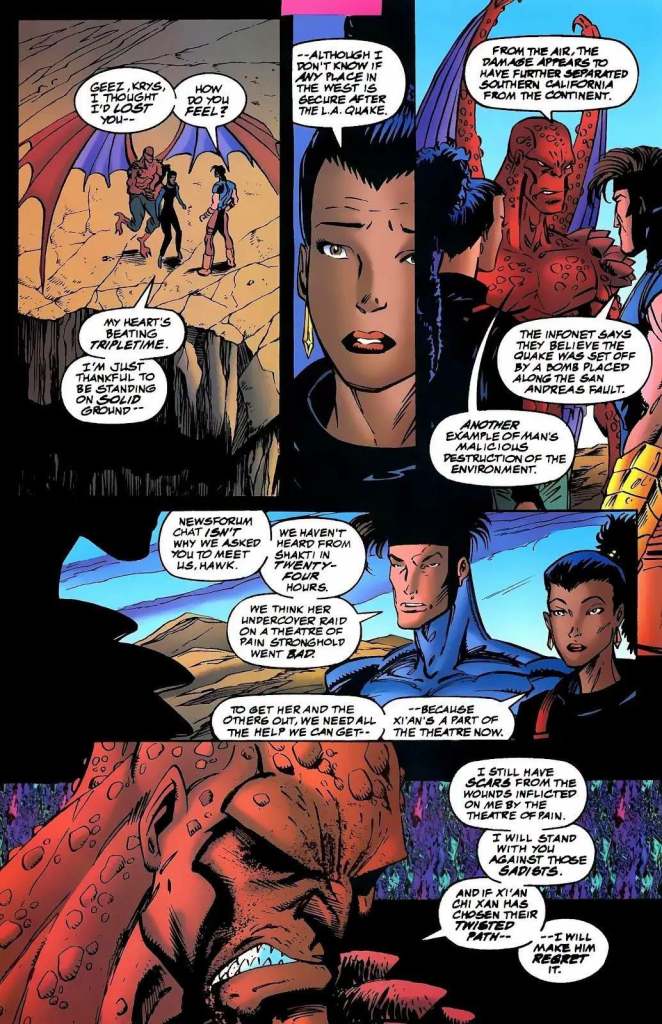 A comic book scene featuring two characters discussing their feelings and a recent earthquake, standing near a cliff with a dragon-like creature in the background.